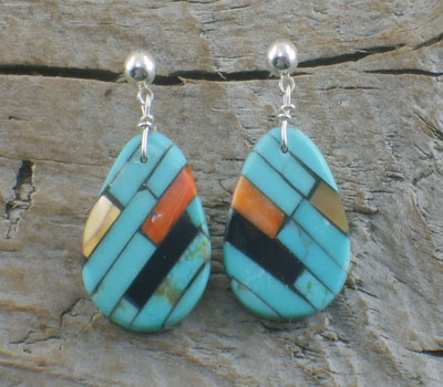Native American Earring Mosaic Inlay Round dangle B